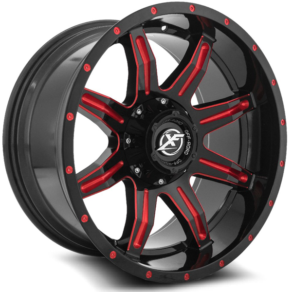 XF Offroad Wheels XF-215 Gloss Black Red Milled 20x12 -44mm Offset 5x127 (5x5),5x139.7 (5x5.5)