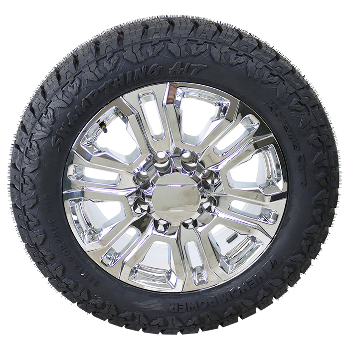 20x8.5 47 OE Wheels CV70B Chrome 35x12.50R20 Venom Power Tires Swamp Thing A/T Wheel and Tire Package