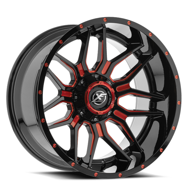 XF Offroad Wheels XF-222 Gloss Black Red Milled 20x9 12mm Offset 6x135,6x139.7 (6x5.5)