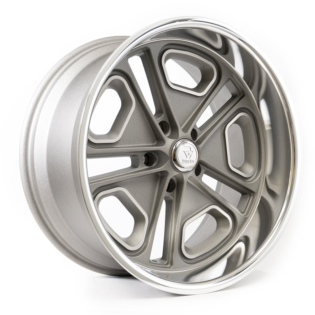 Resto Vintage Wheels Del Ray R102 Gunmetal Center Milled Window Diamond Cut Lip 20x8 1mm Offset 5x114.3 (5x4.5)