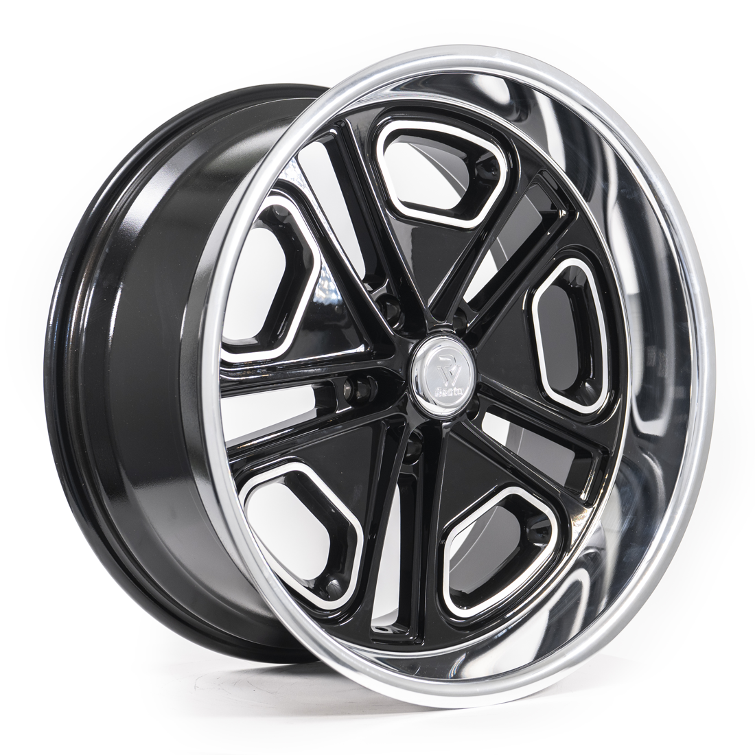 Resto Vintage Wheels Del Ray R102 Gloss Black Center Milled Window Diamond Cut Lip 18x8 1mm Offset 5x114.3 (5x4.5)