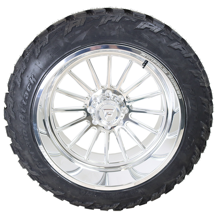 24x14 Fittipaldi Forged FTF504P Polished 33x13.50R24 AMP Tires Terrain Attack M/T