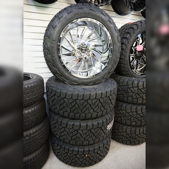 Hardcore Offroad Wheels HC21 Pandemic Chrome 22x12 -44mm Offset 6x139.7 (6x5.5) Nitto Tires Recon Grappler A/T 35x12.50R22 F Wheel And Tire Package