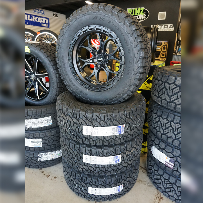 WELD Offroad Wheels Ledge Six W108 Satin Black with Satin Black Ring 20x10 -18mm Offset 6x139.7 (6x5.5) BF Goodrich Tires T/A KO2 A/T 35x12.50R20 E