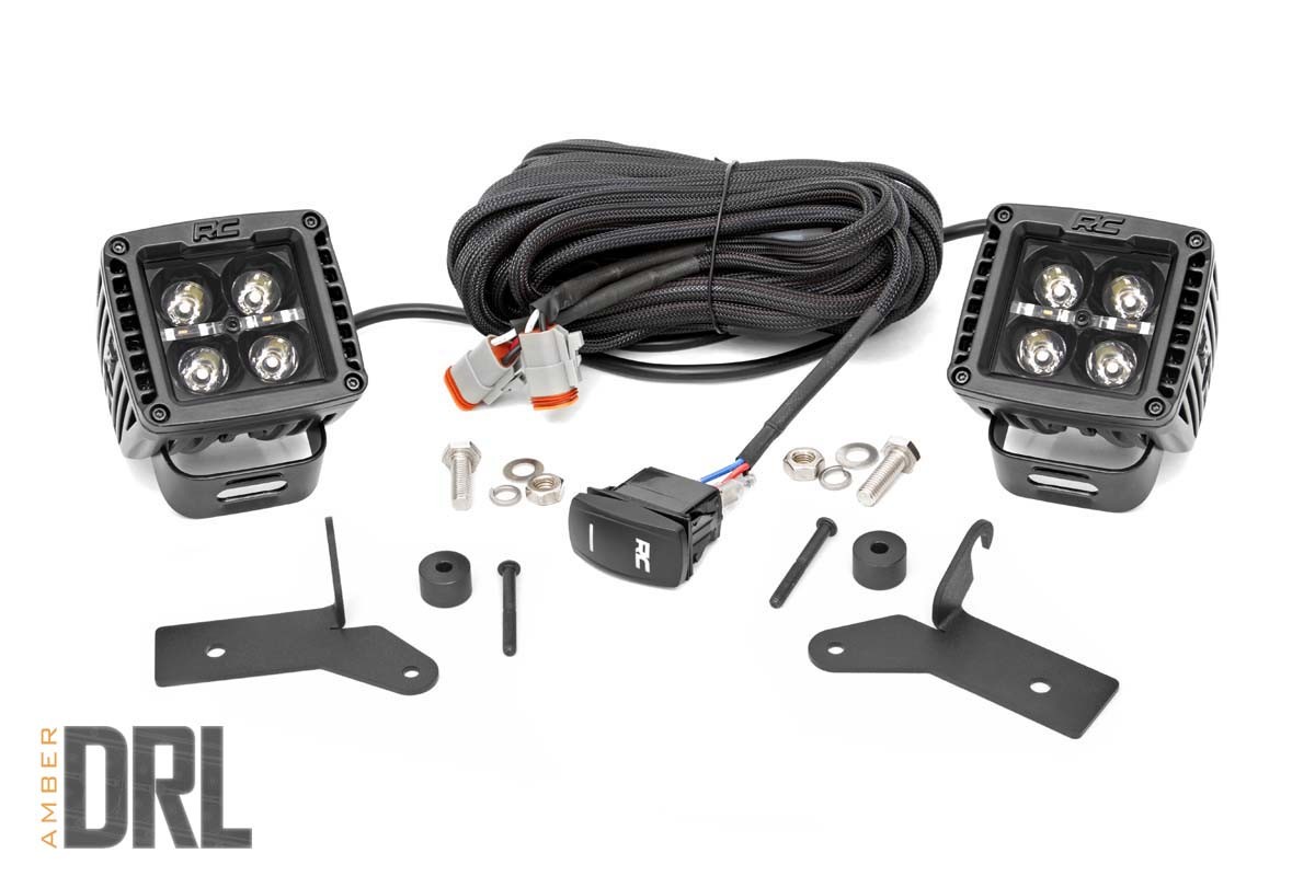 Rough Country LED Light Kit | Hinge Mount | 2" Black Pair | Amber DRL | Jeep Gladiator JT/Wrangler JL (18-25)
