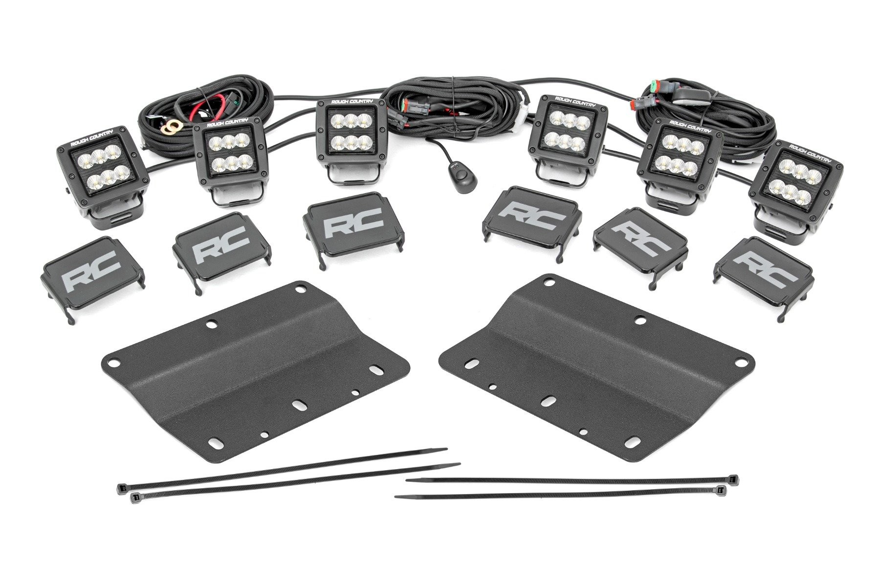 Rough Country LED Light Kit | Fog Mount | Triple 2" Black Pair | Flood | Ford Bronco (21-25)