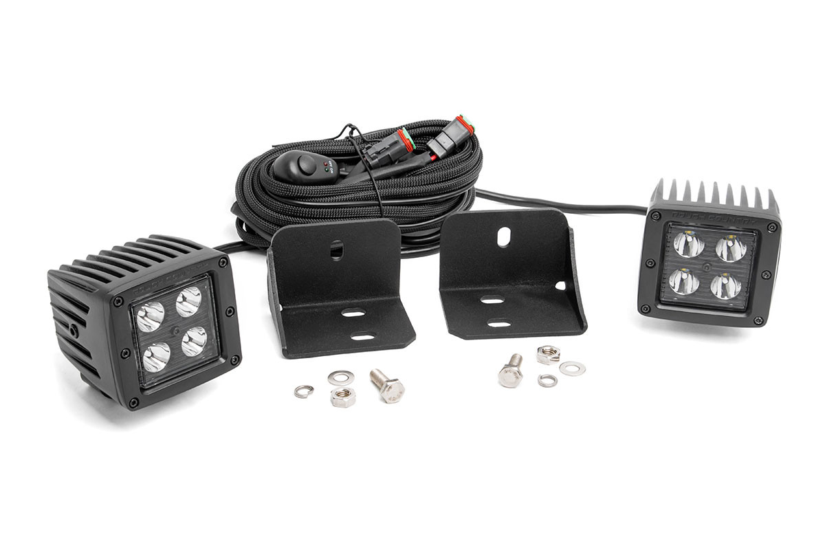Rough Country LED Light | Cab Mount | 2" Black Pair | Flood | Can-Am Defender HD 5/HD 8/HD 9/HD 10