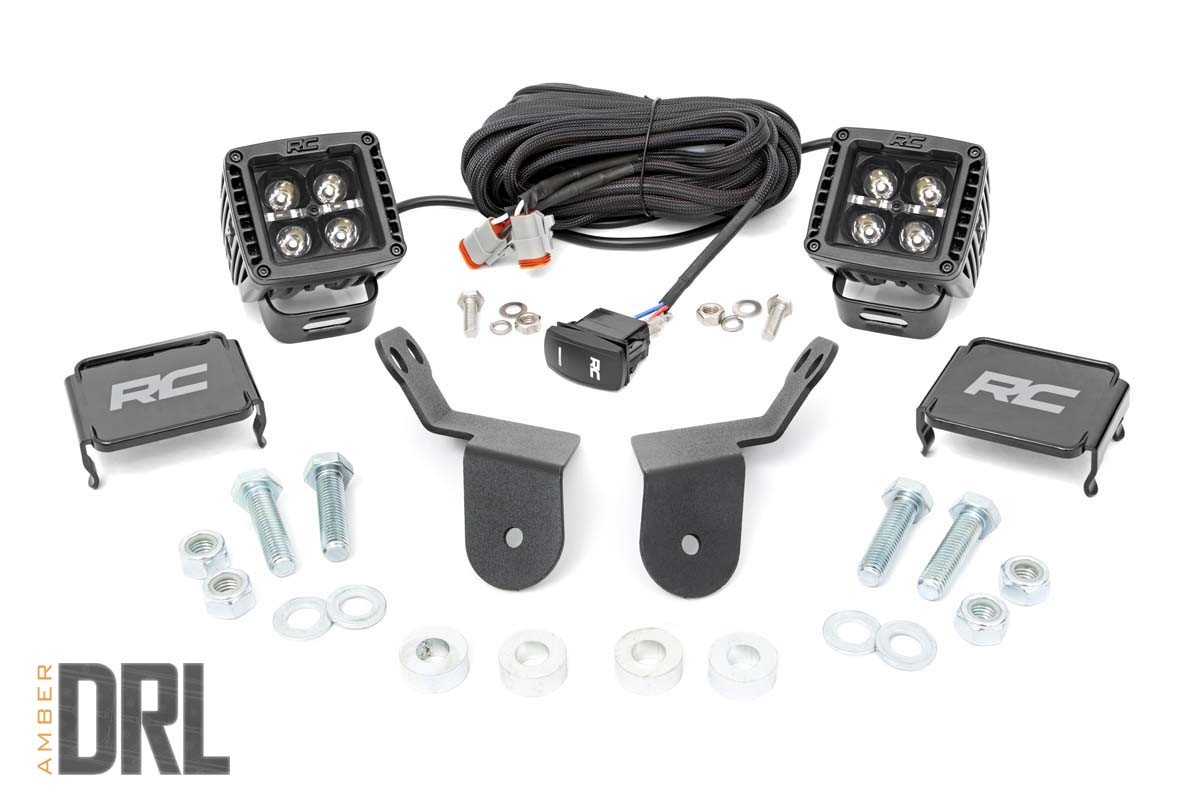 Rough Country LED Light Kit | Cage Mount | 2" Black Pair | Amber DRL | Honda Pioneer 1000