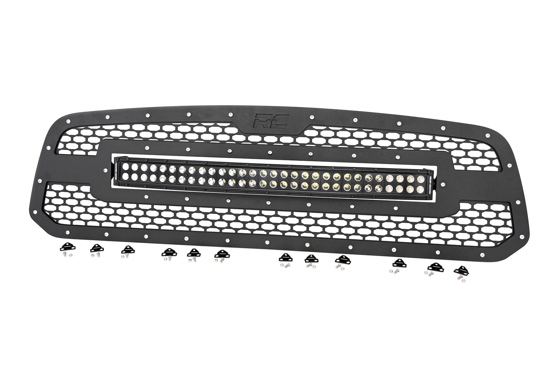 Rough Country Mesh Grille | 30" Dual Row LED | Black | Amber DRL | Ram 1500 2WD/4WD (13-18 & Classic)