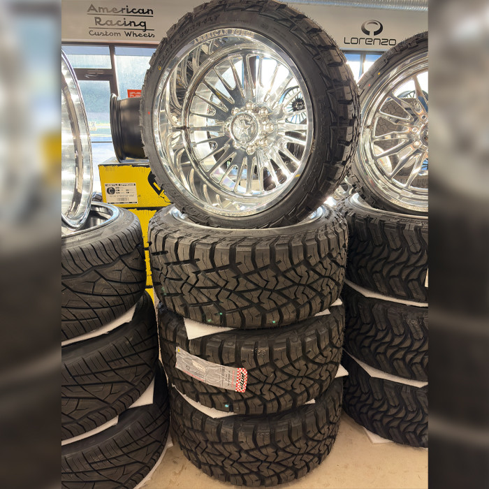 24x14 American Force Forged Wheels Nexus CKH37 Polished 24x14 -90mm Offset 8x170 AMP Tires Terrain Attack R/T 35x13.50R24 F