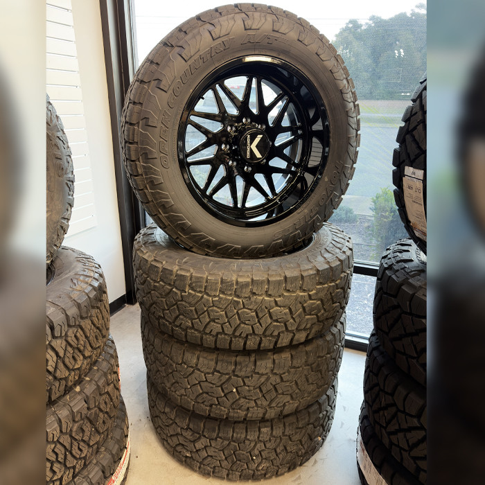 KG1 Forged Wheels Bypass KT061 Gloss Black 22x10 -18mm Offset 8x180 Toyo Tires Open Country A/T III 37x12.50R22 F Wheel And Tire Package