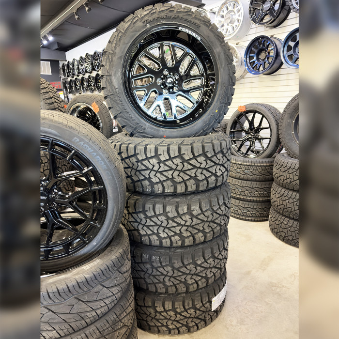 Forgiato Wheels Flow Terra 004 Gloss Black Milled 22x12 -44mm Offset 5x127 (5x5) AMP Tires Terrain Attack R/T 35x12.50R22 E